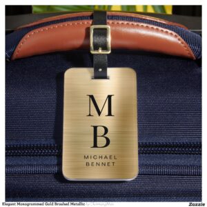 Elegant Monogrammed Gold Brushed Metallic Luggage Tag