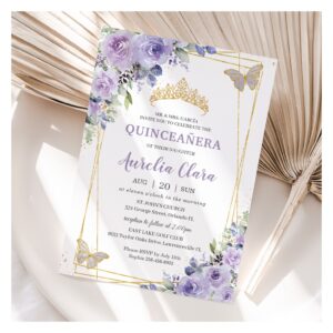Quincea?era Purple Lilac Floral Butterflies Tiara Invitation