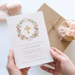 Pretty Pink Roses and Gold Cross Floral Baptism Invitation