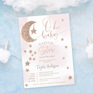 Rose gold glitter moon stars clouds oh baby shower invitation