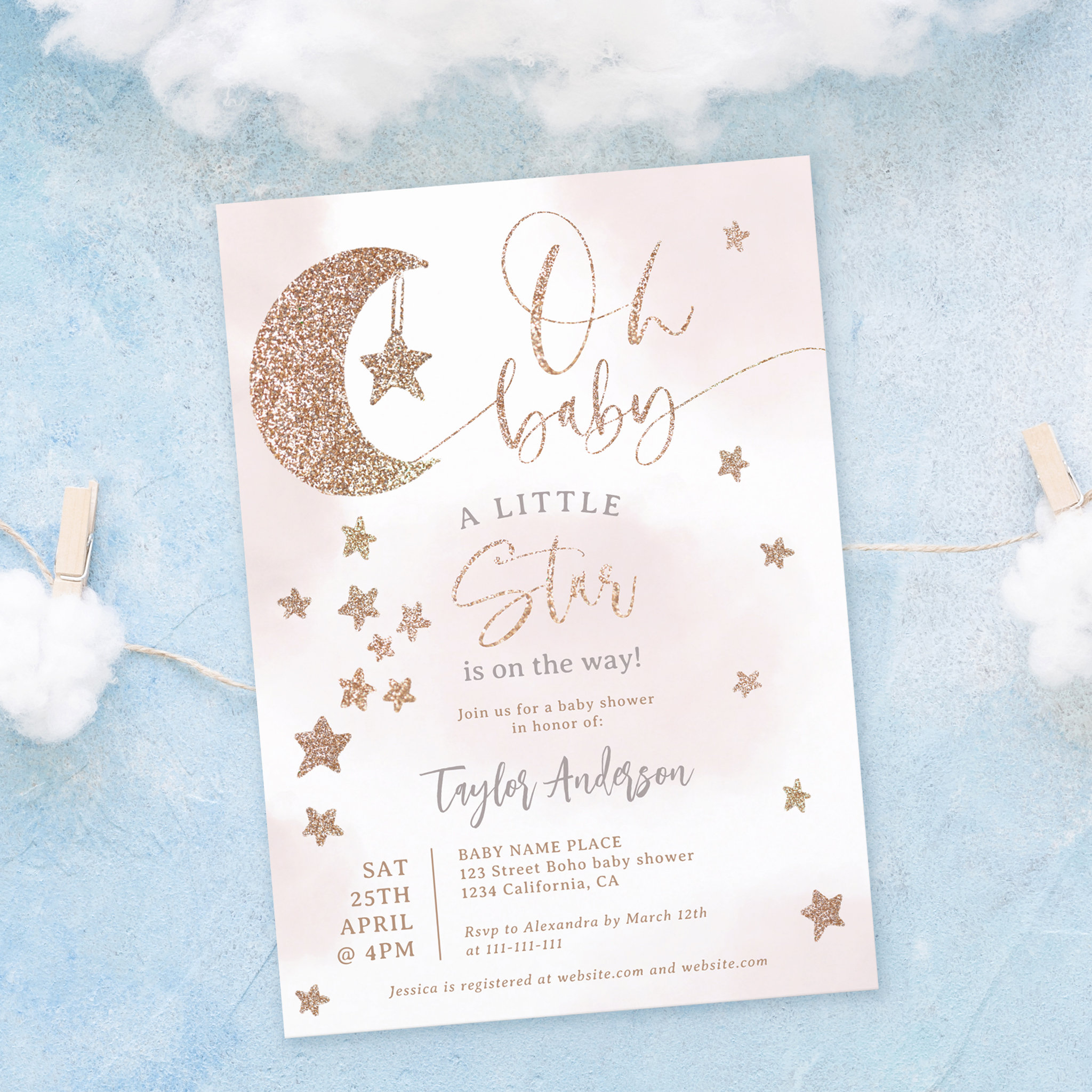 Rose gold glitter moon stars clouds oh baby shower invitation