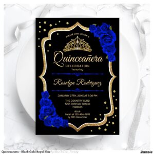 Quinceanera - Black Gold Royal Blue Invitation