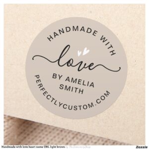 Handmade with love heart name URL light brown Classic Round Sticker