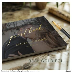Elegant photo black gold calligraphy wedding foil guest book