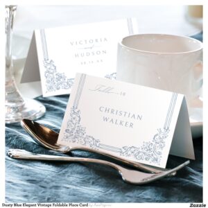 Dusty Blue Elegant Vintage Foldable Place Card