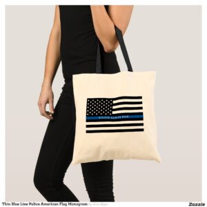 Thin Blue Line Police American Flag Monogram Tote Bag
