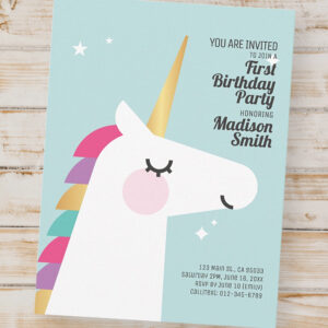 Cute Rainbow Unicorn Birthday Party Invitation