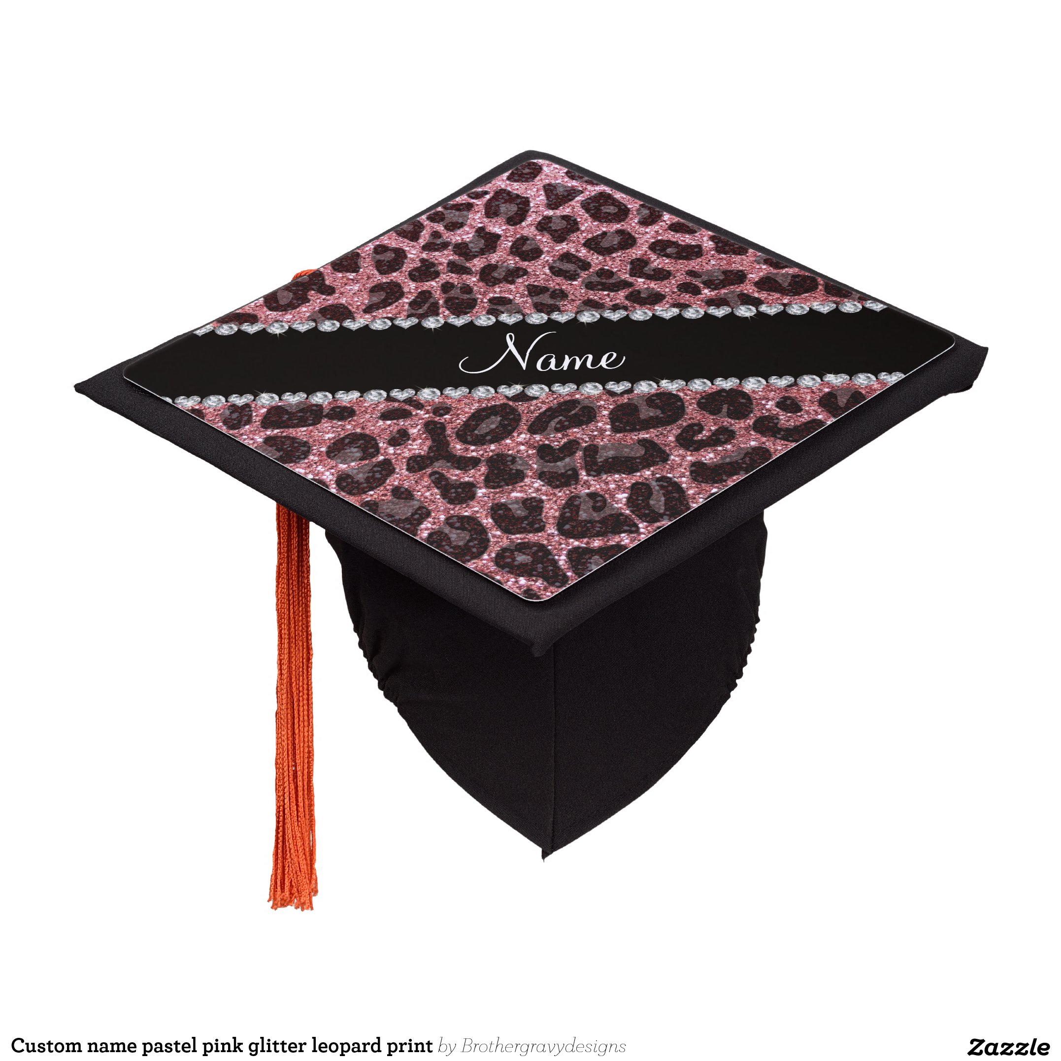 Custom name pastel pink glitter leopard print graduation cap topper