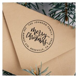 Merry Christmas Calligraphy Round Return Address Rubber Stamp