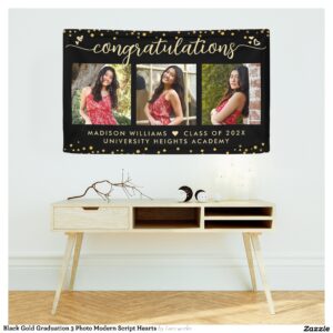 Black Gold Graduation 3 Photo Modern Script Hearts Banner