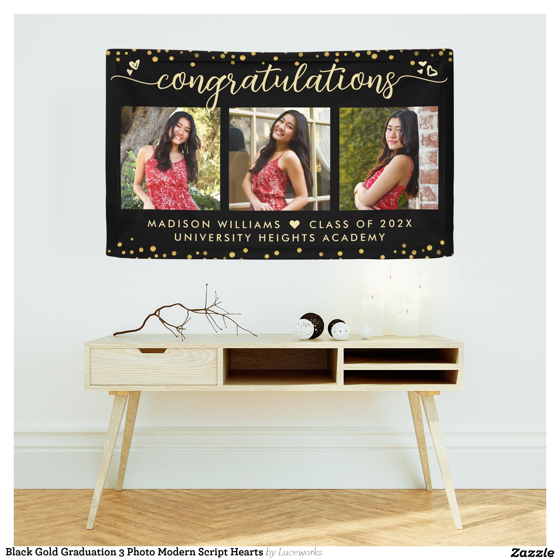 Black Gold Graduation 3 Photo Modern Script Hearts Banner