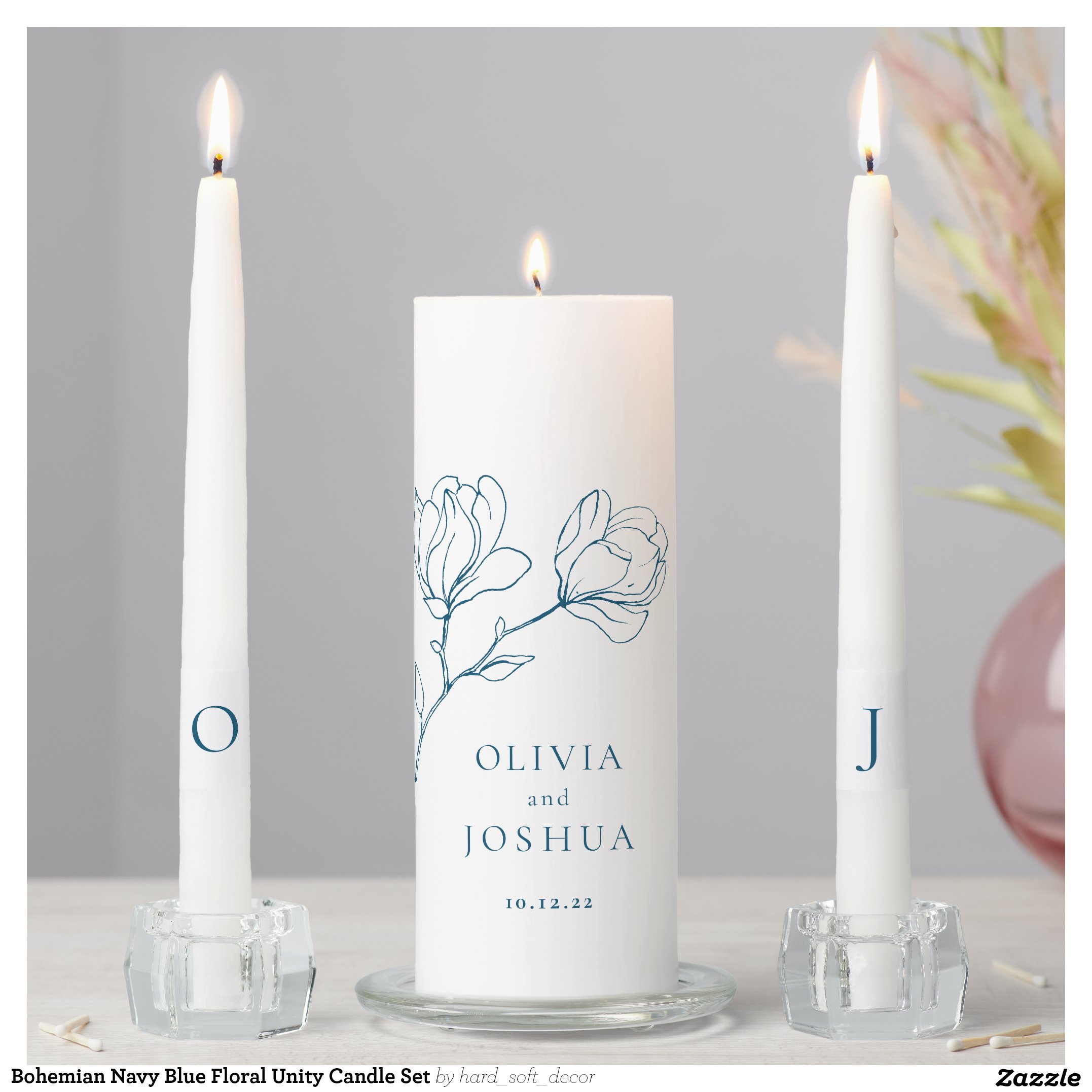 Bohemian Navy Blue Floral Unity Candle Set