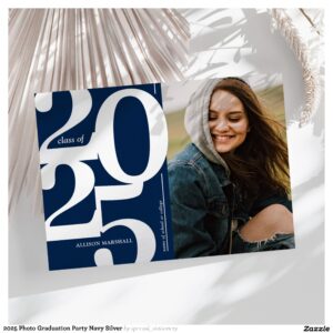2025 Photo Graduation Party Navy Silver Foil Invitation