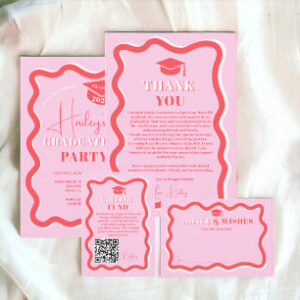 Retro pink red curve squiggle wavy graduation invitation