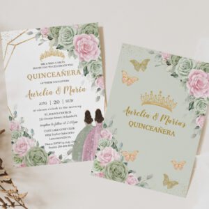 Sage Green Pink Floral Quincea?era Twins Butterfly Invitation