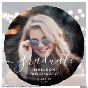 Custom Photo Personalized White Script Graduation Balloon
