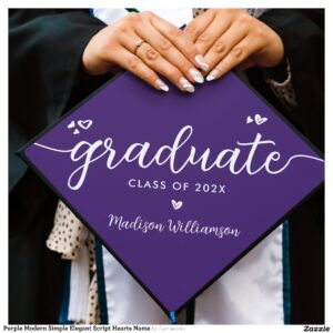 Purple Modern Simple Elegant Script Hearts Name Graduation Cap Topper