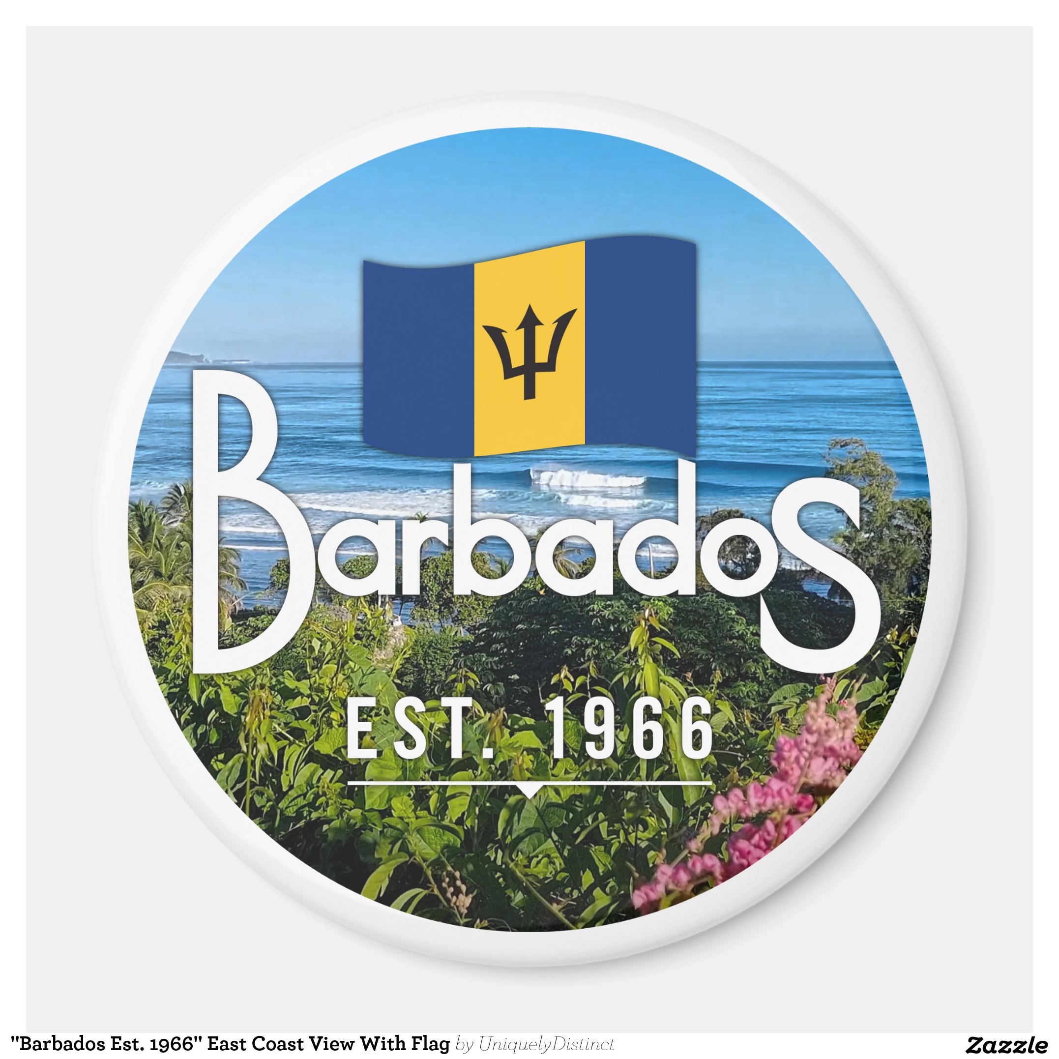 "Barbados Est. 1966" East Coast View With Flag Magnet