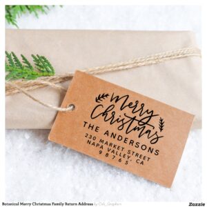 Botanical Merry Christmas Family Return Address Rubber Stamp