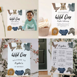 Wild One Safari Theme First Birthday Party Photo Invitation