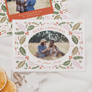 Vintage Holly Berries Oval Photo Colorful Bright Holiday Card