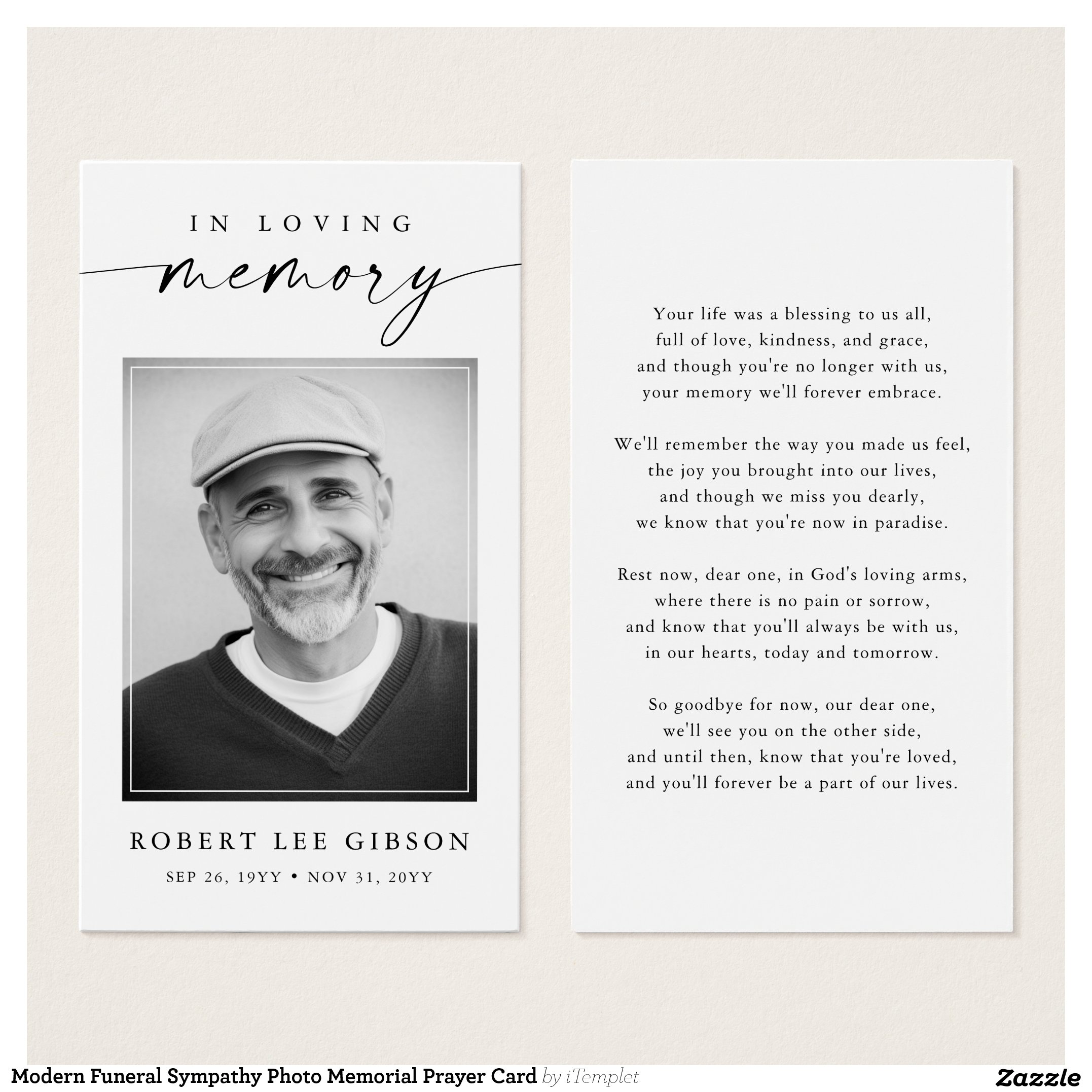 Modern Funeral Sympathy Photo Memorial Prayer Card
