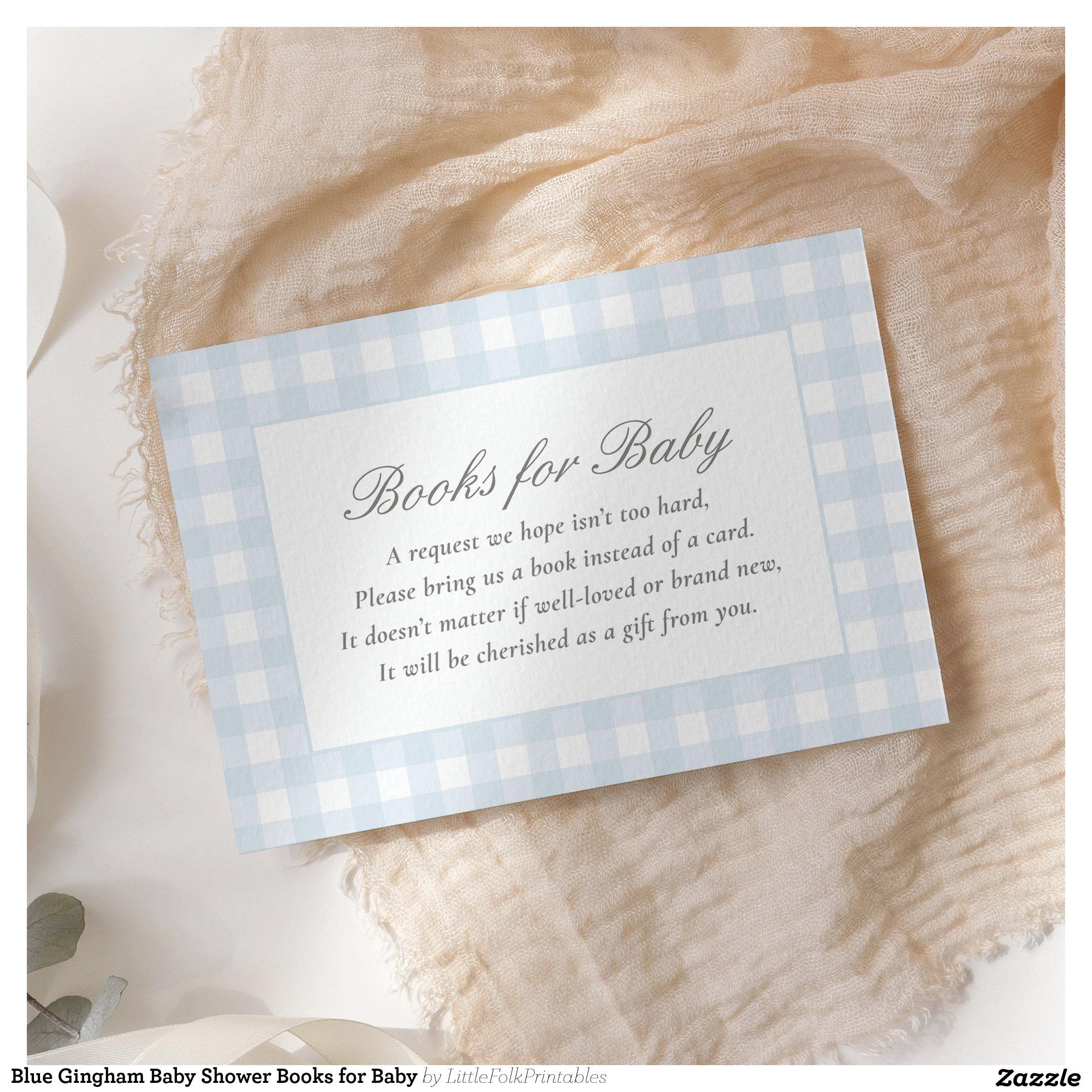 Blue Gingham Baby Shower Books for Baby Enclosure Card