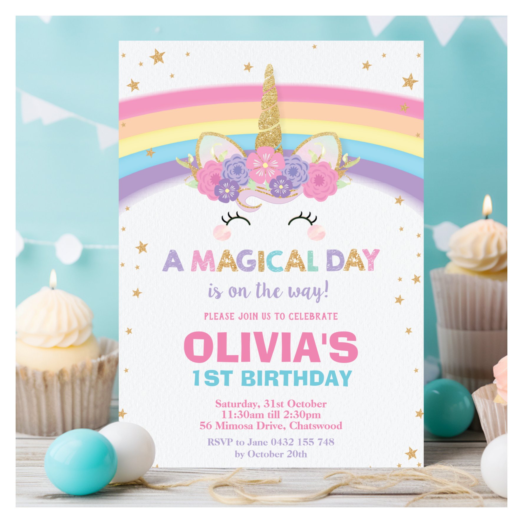 Unicorn Birthday Invitation 1st Birthday Party