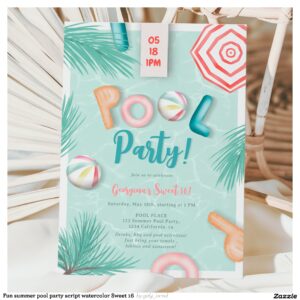 Fun summer pool party script watercolor Sweet 16 Invitation