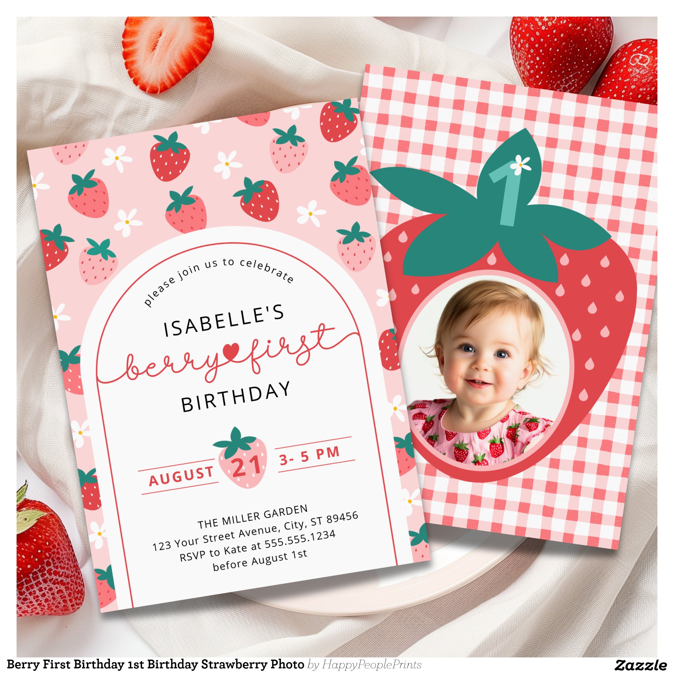 Berry First Birthday 1st Birthday Strawberry Photo Invitation