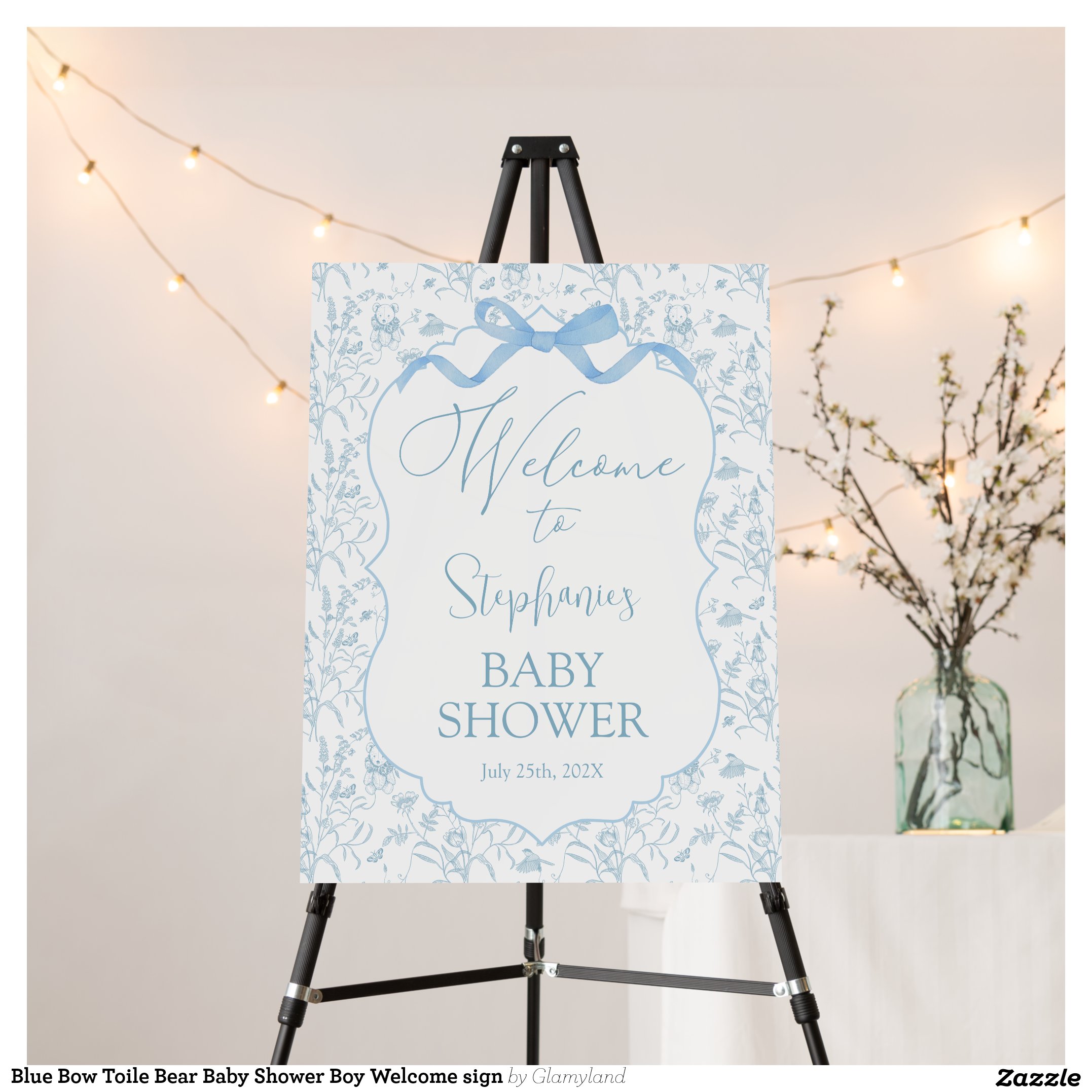 Blue Bow Toile Bear Baby Shower Boy Welcome sign