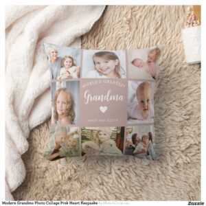 Modern Grandma Photo Collage Pink Heart Keepsake Throw Pillow