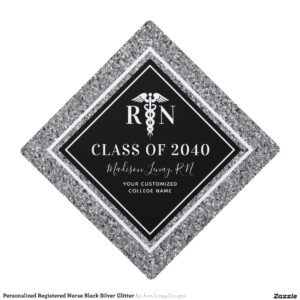 Personalized Registered Nurse Black Silver Glitter Graduation Cap Topper