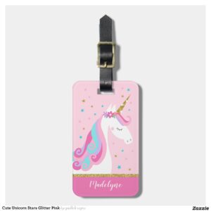 Cute Unicorn Stars Glitter Pink Luggage Tag
