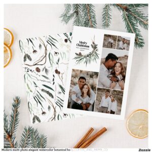 Modern multi photo elegant watercolor botanical ho holiday card