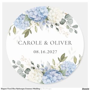 Elegant Floral Blue Hydrangea Greenery Wedding Classic Round Sticker