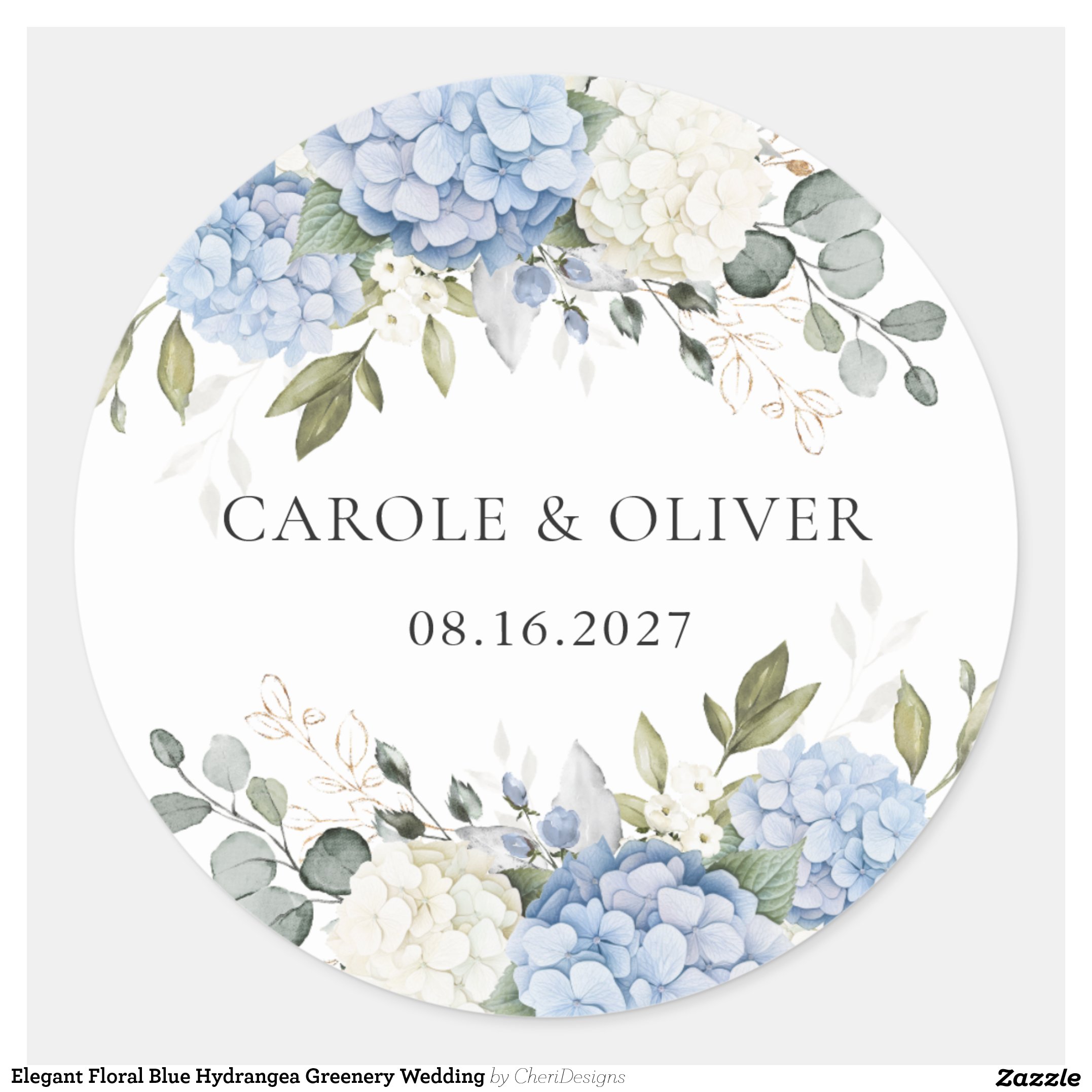 Elegant Floral Blue Hydrangea Greenery Wedding Classic Round Sticker
