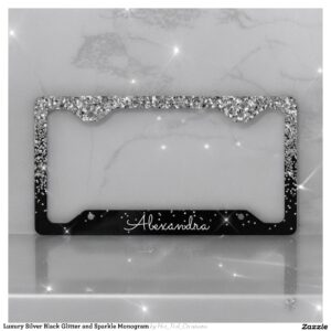 Luxury Silver Black Glitter and Sparkle Monogram License Plate Frame