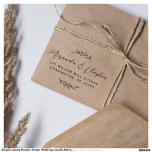 Simple Leaves Modern Script Wedding Couple Address Rubber Stamp