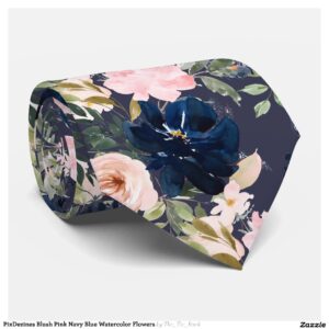 PixDezines Blush Pink Navy Blue Watercolor Flowers Neck Tie