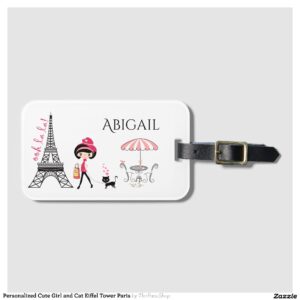 Personalized Cute Girl and Cat Eiffel Tower Paris Luggage Tag