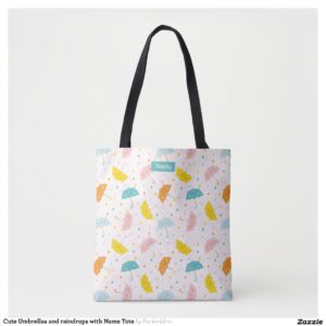 Cute Umbrellas and raindrops with Name Tote