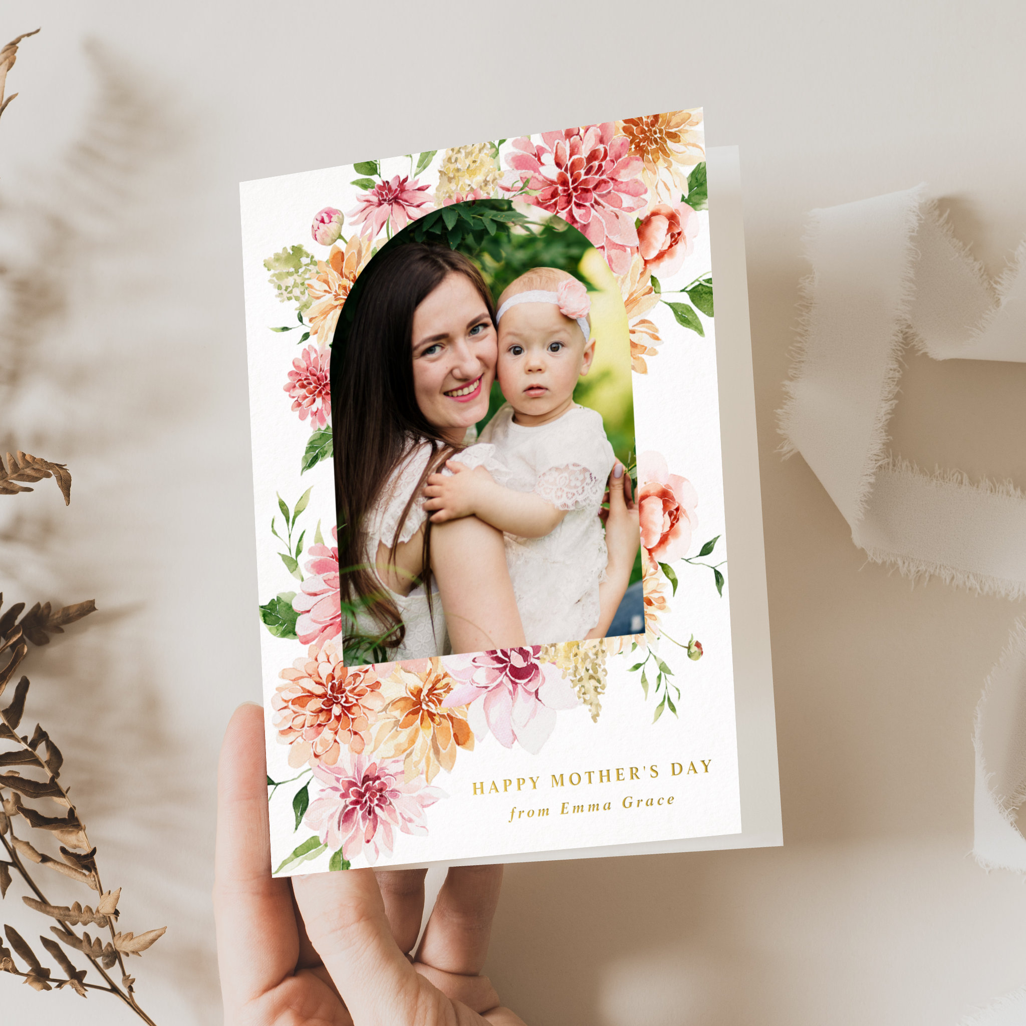 Elegant Pink Peonies 2 Photo Mother's Day Foil Holiday Card