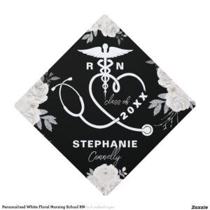 Personalized White Floral Nursing School RN Graduation Cap Topper