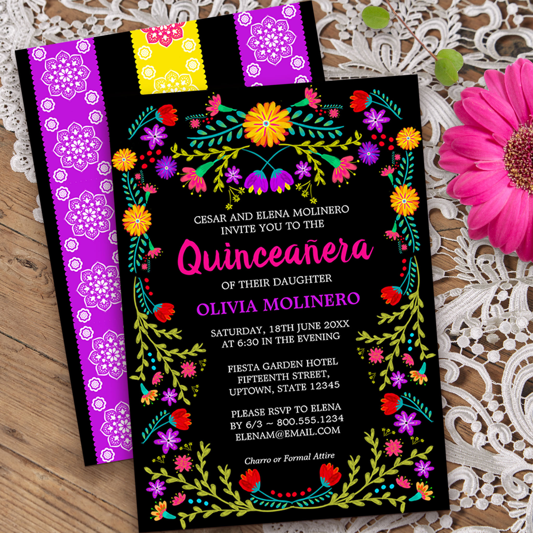 Black Mexican Fiesta Folk Art Floral Quinceanera Invitation