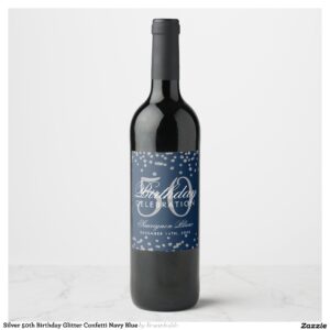 Silver 50th Birthday Glitter Confetti Navy Blue Wine Label