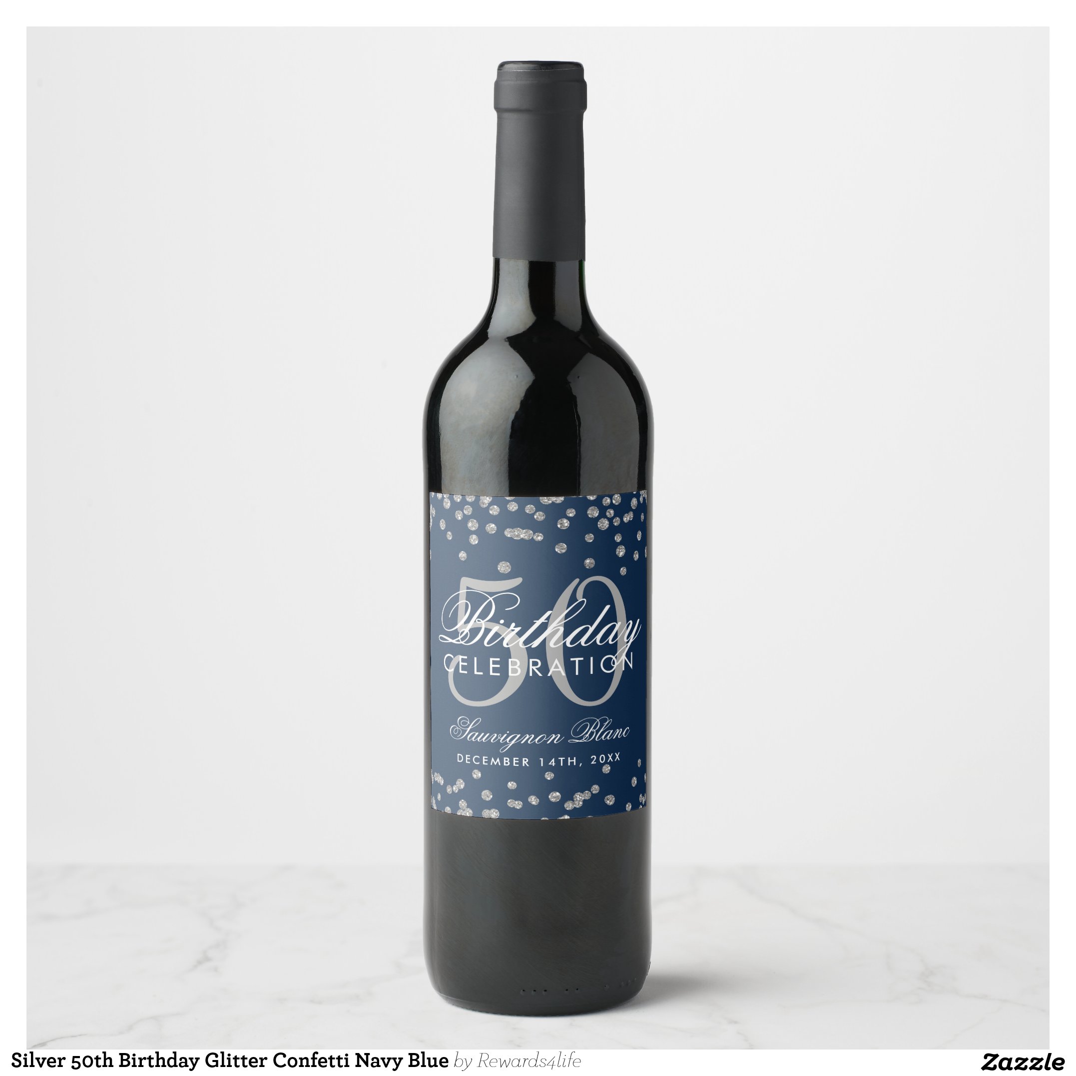 Silver 50th Birthday Glitter Confetti Navy Blue Wine Label