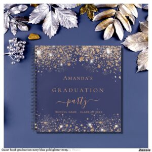 Guest book graduation navy blue gold glitter 2025