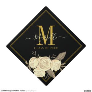 Gold Monogram White Florals Graduation Cap Topper