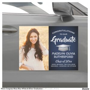 Photo Congrats Navy Blue White & Silver Graduation Car Magnet